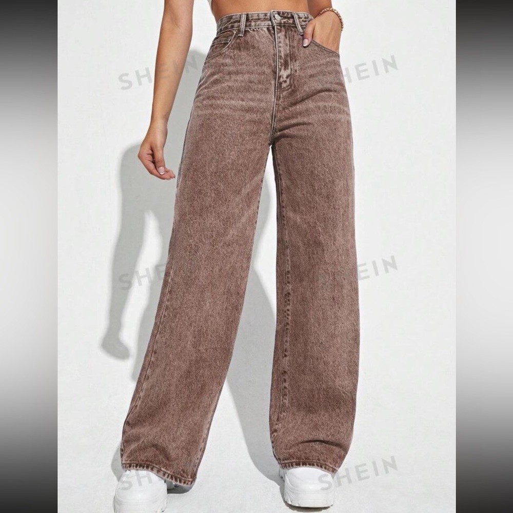 High Waist Straight Leg Brown Jeans